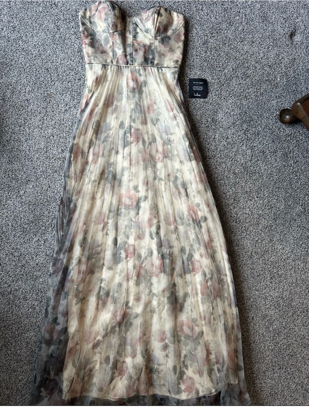 Lulu's Strapless Floral Pleated Maxi Dress in Cream, Pink & Gray